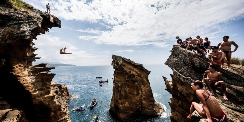 Rachelle Simpson of the USA dives from a 20 metre cliff during an open training day prior to the fifth stop of the Red Bull Cliff Diving World Series, Islet Franco do Campo, Azores, Portugal on July 15th 2015.